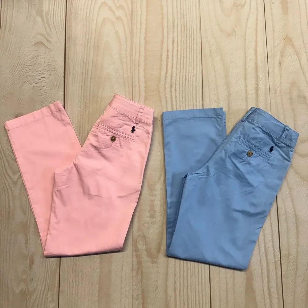 Lot of 2 Polo Ralph Lauren Boys Size 8 Chino Flat Front Pants Pink Blue Pastel